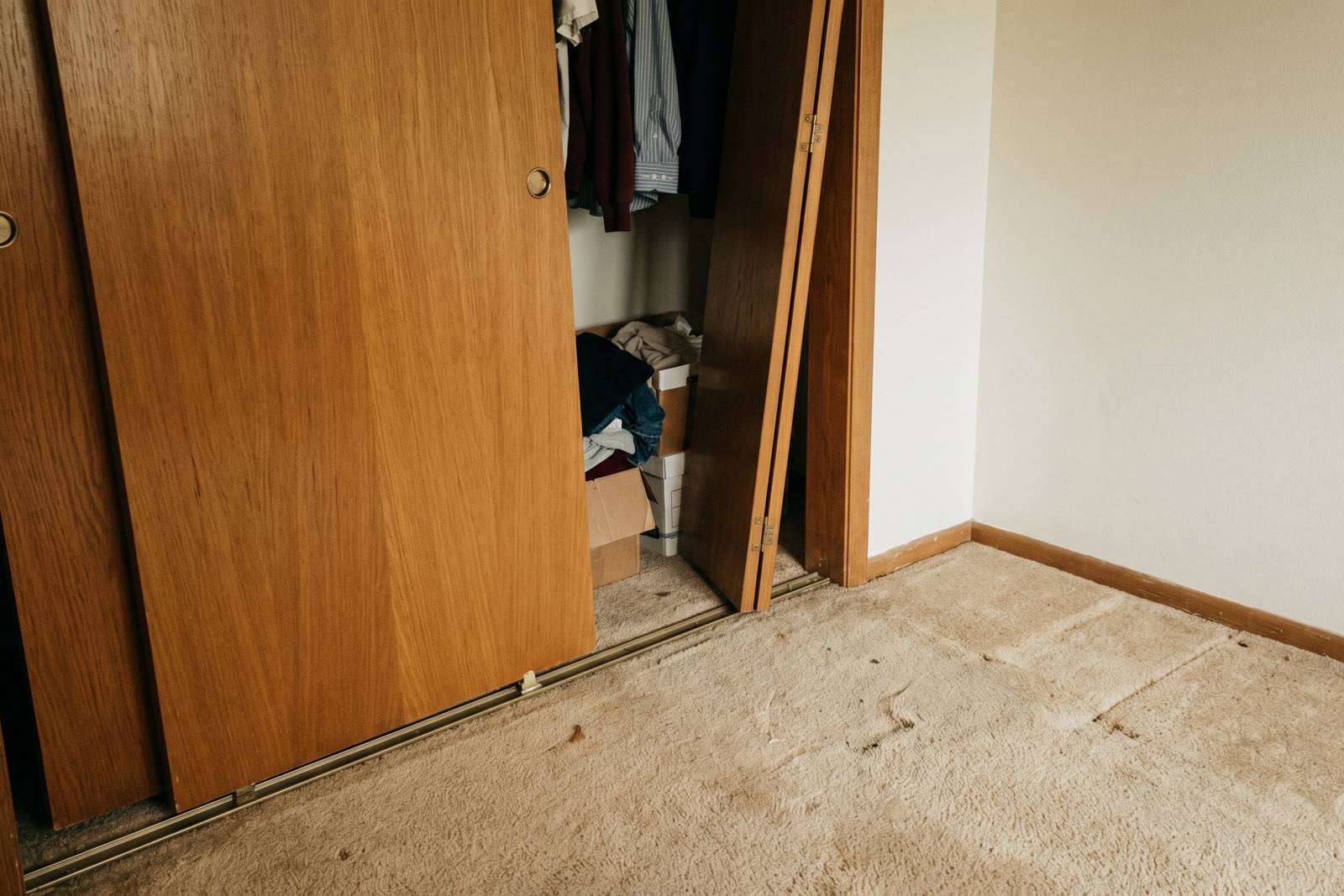 A sliding closet door lifted out of its bottom track and leaning against the frame