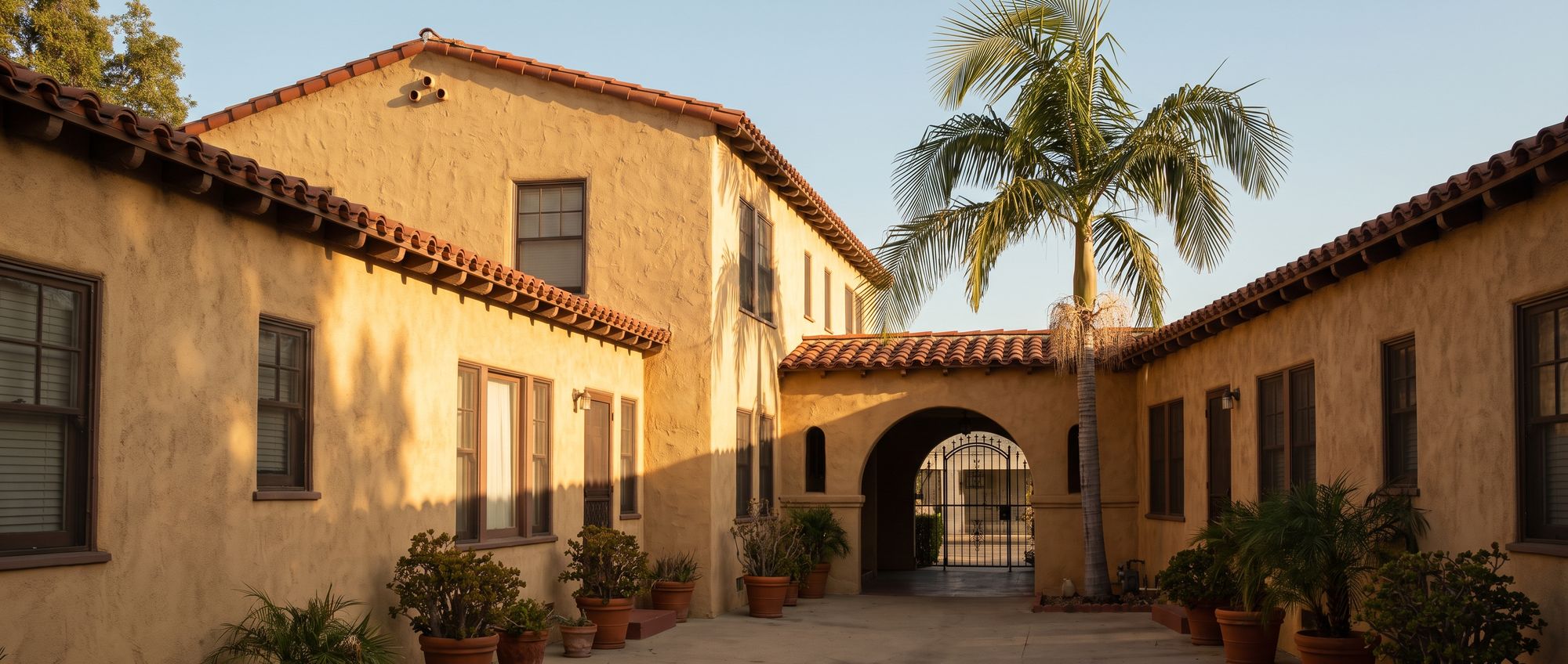 A 1920s Spanish-style stucco courtyard apartment building in Los Angeles