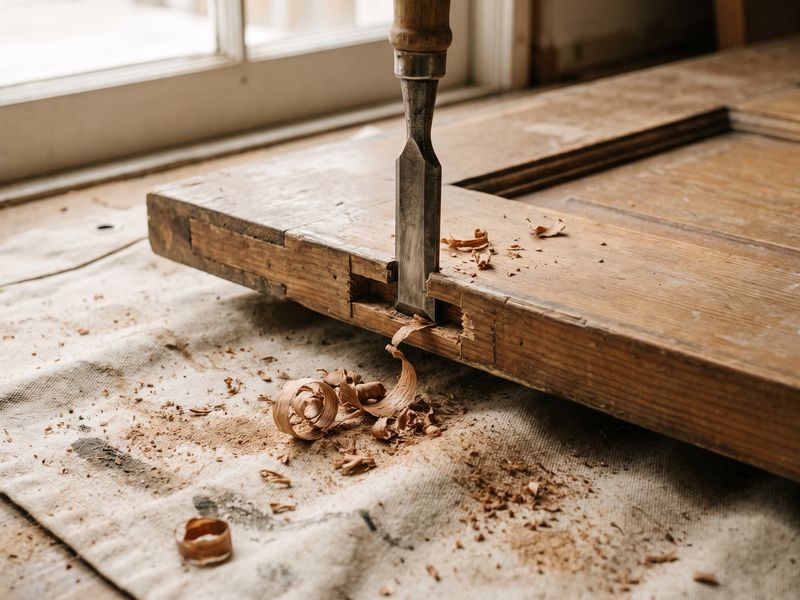 A chisel cutting a hinge mortise into the edge of a wooden door