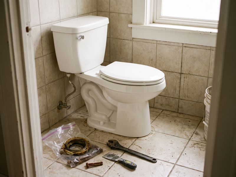 A new two-piece toilet installed and sealed in a small tiled bathroom