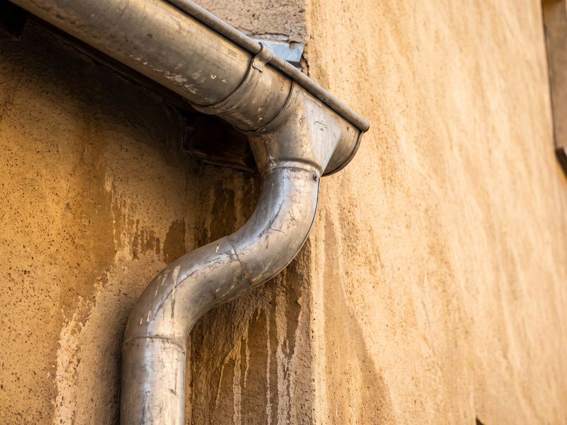 A downspout elbow and gutter outlet running clear down a stucco wall
