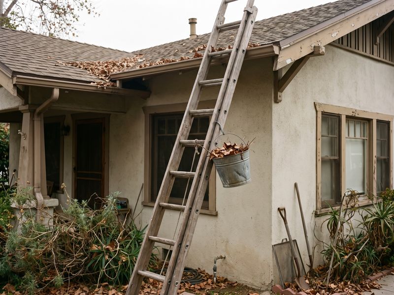 A ladder against the eave of a bungalow with a bucket of cleared leaves