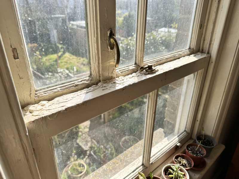 An old wooden double-hung window painted shut at the sash