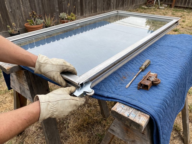 Gloved hands sliding a new roller assembly into the bottom edge of a patio door panel laid flat on padded sawhorses