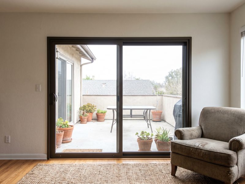 A sliding glass patio door closed flush in a living room, with a small patio beyond