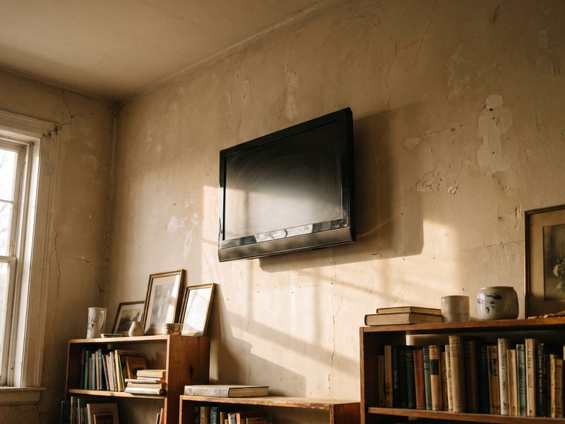 A television mounted on a plaster wall in an older living room, no cables showing