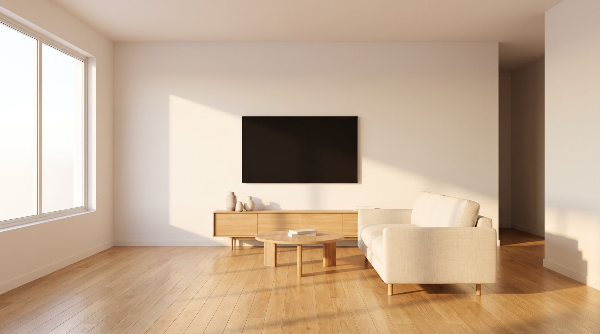 A television mounted flat on a living room wall with the cable hidden