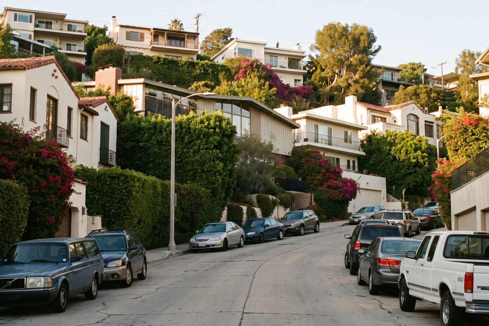 A hillside street of stucco houses above Los Angeles in late afternoon light