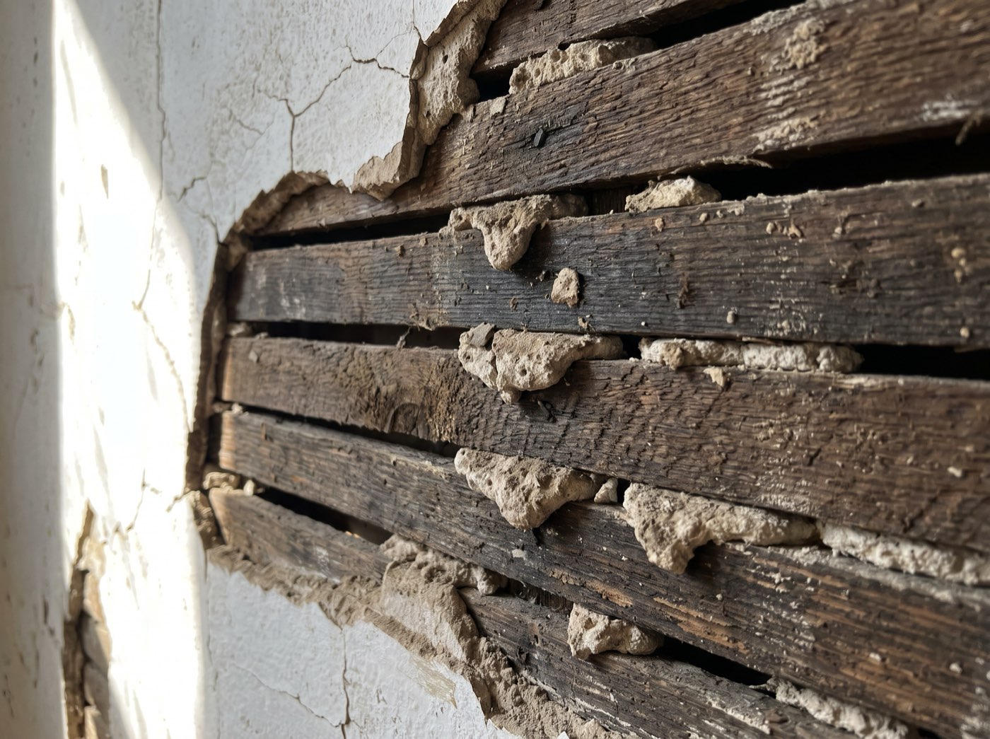 Cracked plaster pulled away to show the wooden lath strips behind it