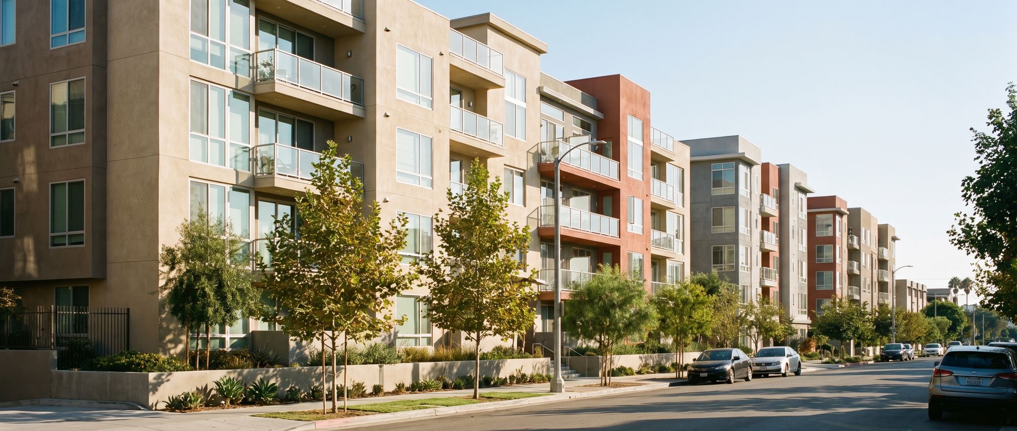 A Los Angeles street of mid-rise apartment and condominium buildings