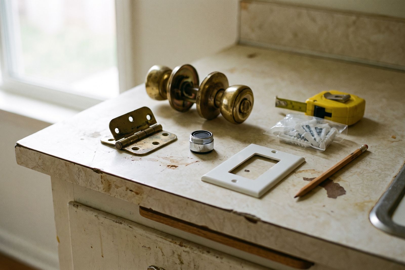 A hinge, two door knobs, a faucet aerator, a switch plate and a bag of anchors laid out on a kitchen counter