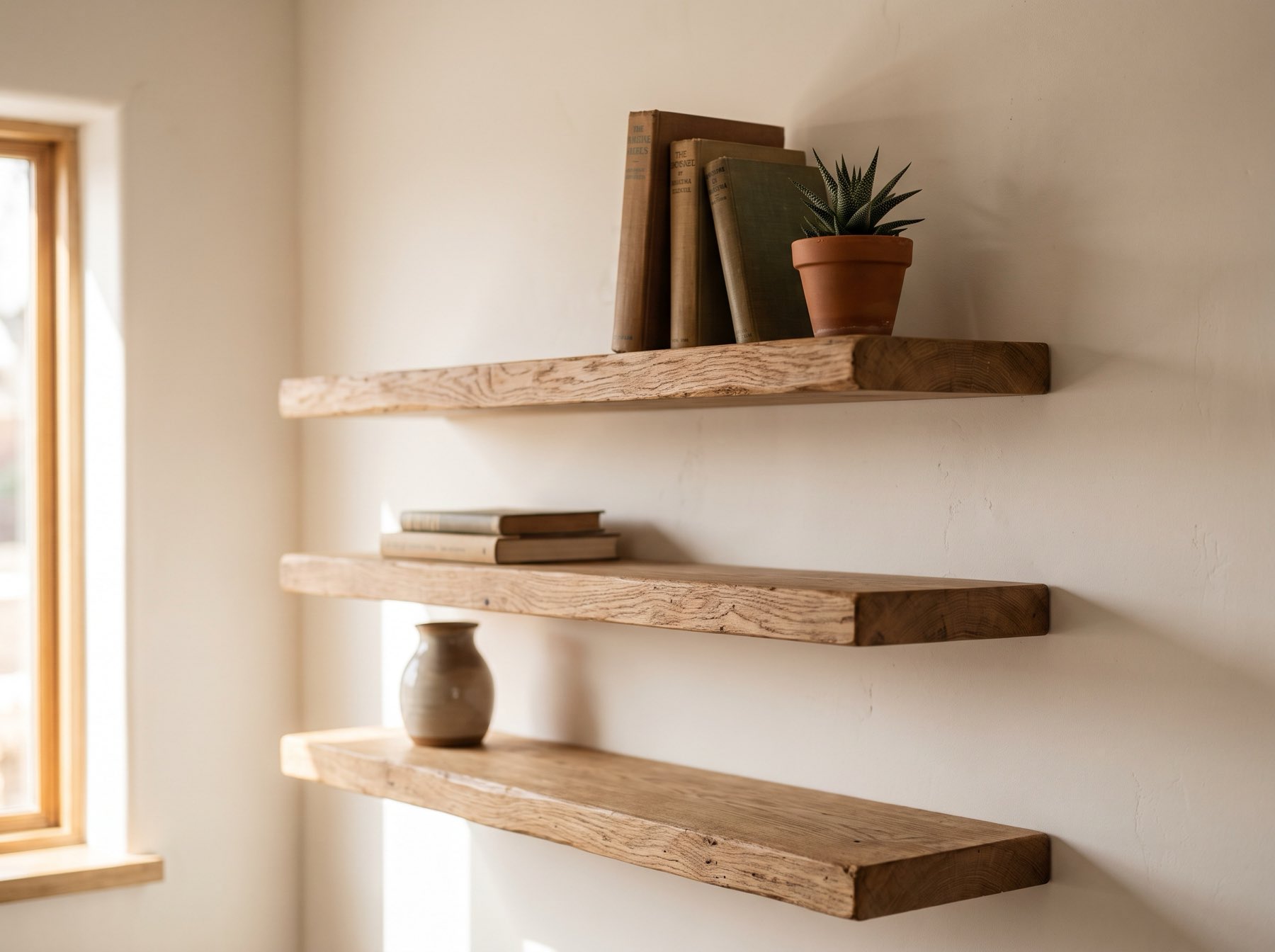 Floating wooden shelves mounted level on a plain white wall