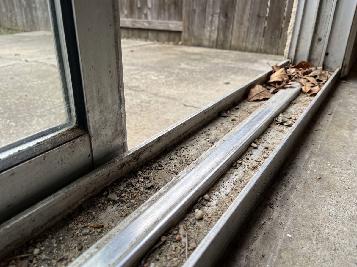 The bottom track of an aluminum patio slider packed with grit and dry leaves, worn shiny where the rollers run