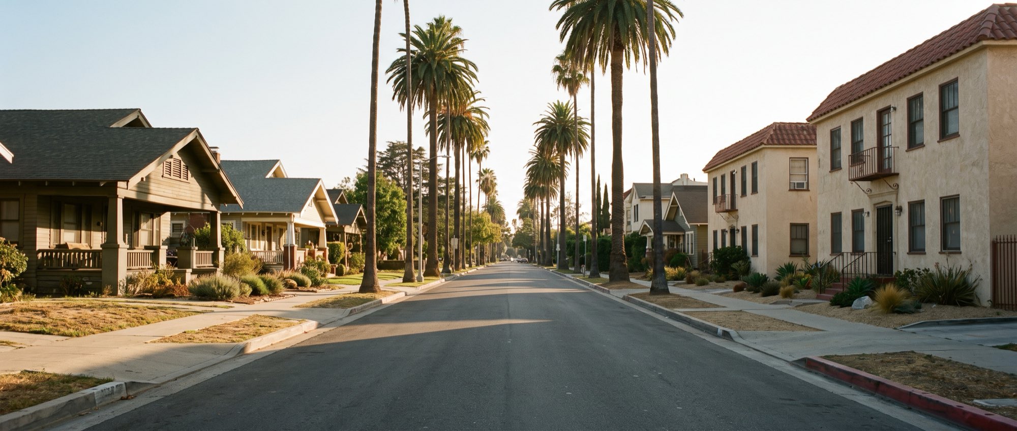 A residential street of older Los Angeles bungalows in afternoon light