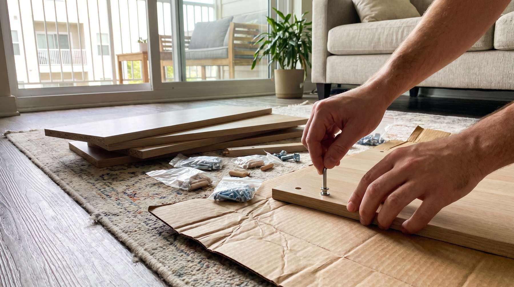 Hands turning a hex key into a cam bolt on a flat pack panel laid across a floor