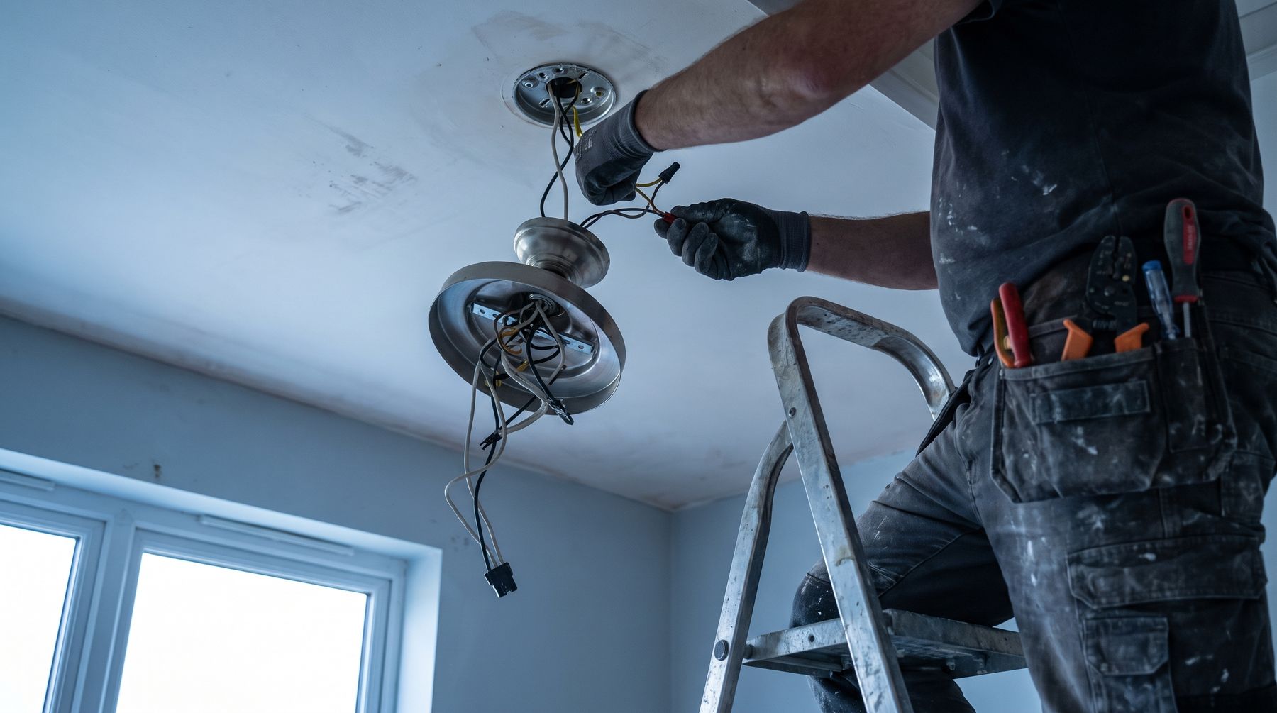Wiring a ceiling fan at the ceiling rose, working from a stepladder