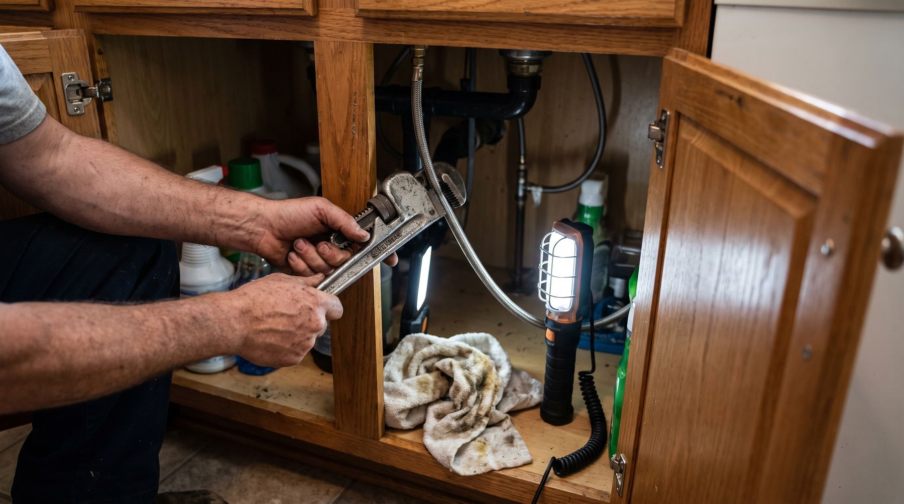 A basin wrench on a supply line in the cabinet under a kitchen sink