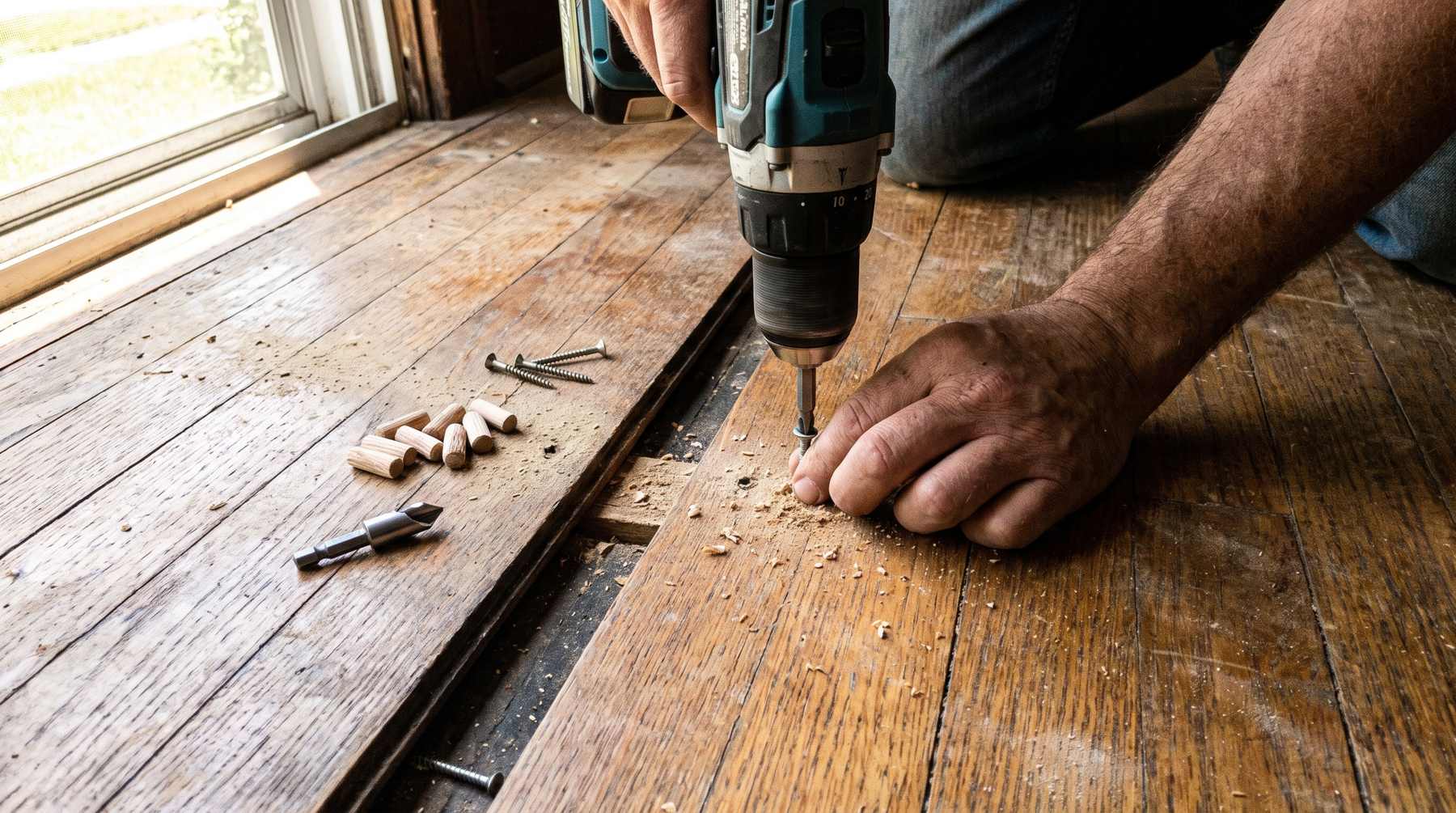 A screw being driven down through a hardwood floorboard to stop a squeak