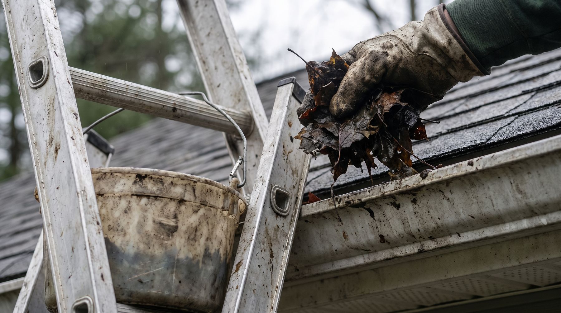 A gloved hand lifting wet leaves out of a gutter at the roofline