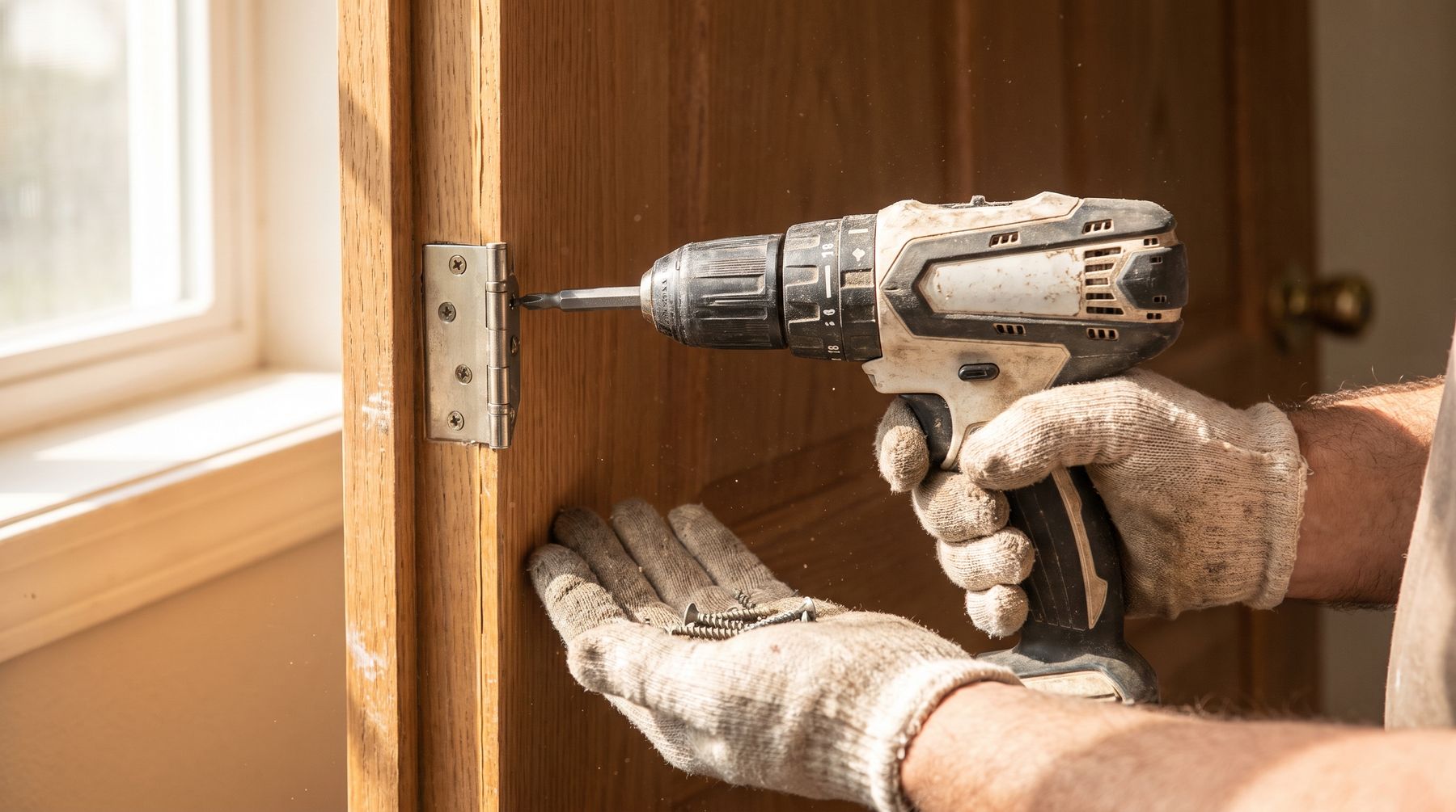 A driver going into a door hinge, one hand steadying the door