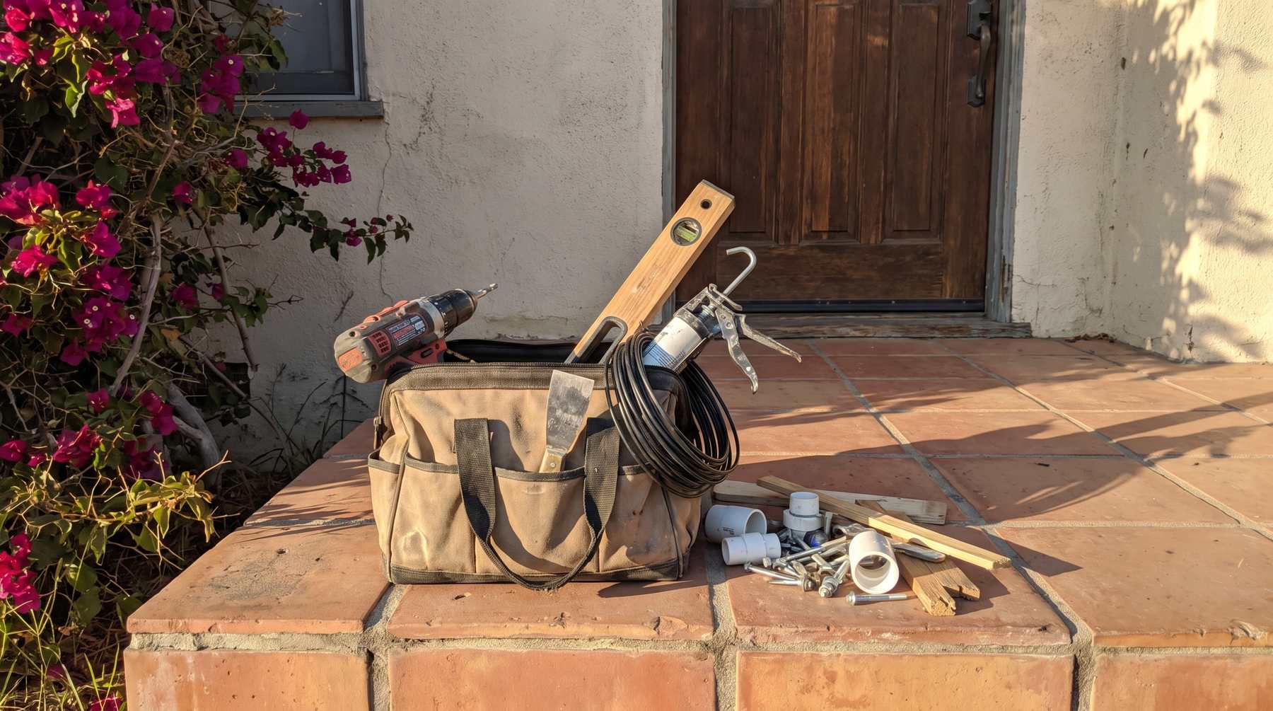 An open tool bag and the parts for several jobs on the tiled porch of a Los Angeles bungalow