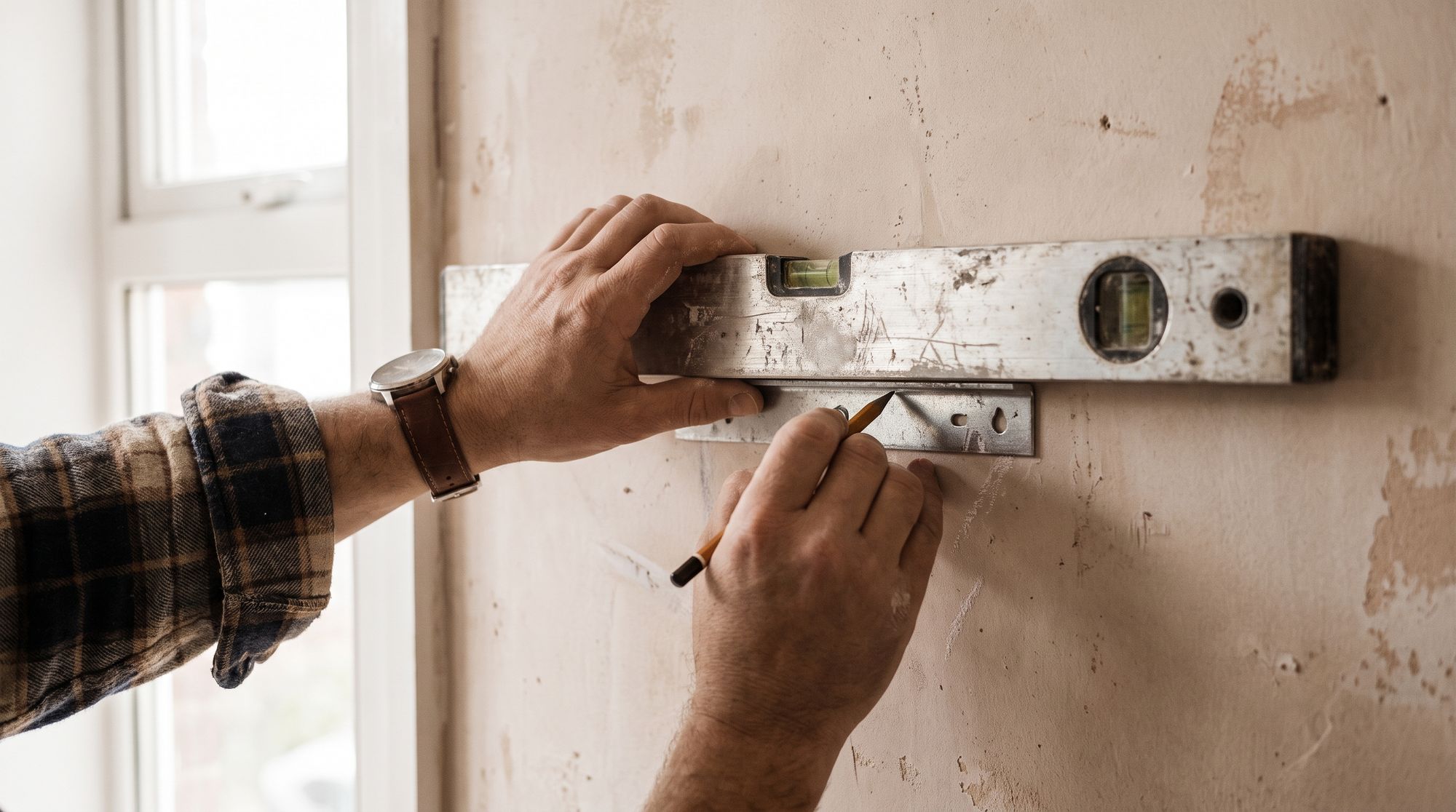 Hands holding a spirit level against a wall and marking the fixing point in pencil