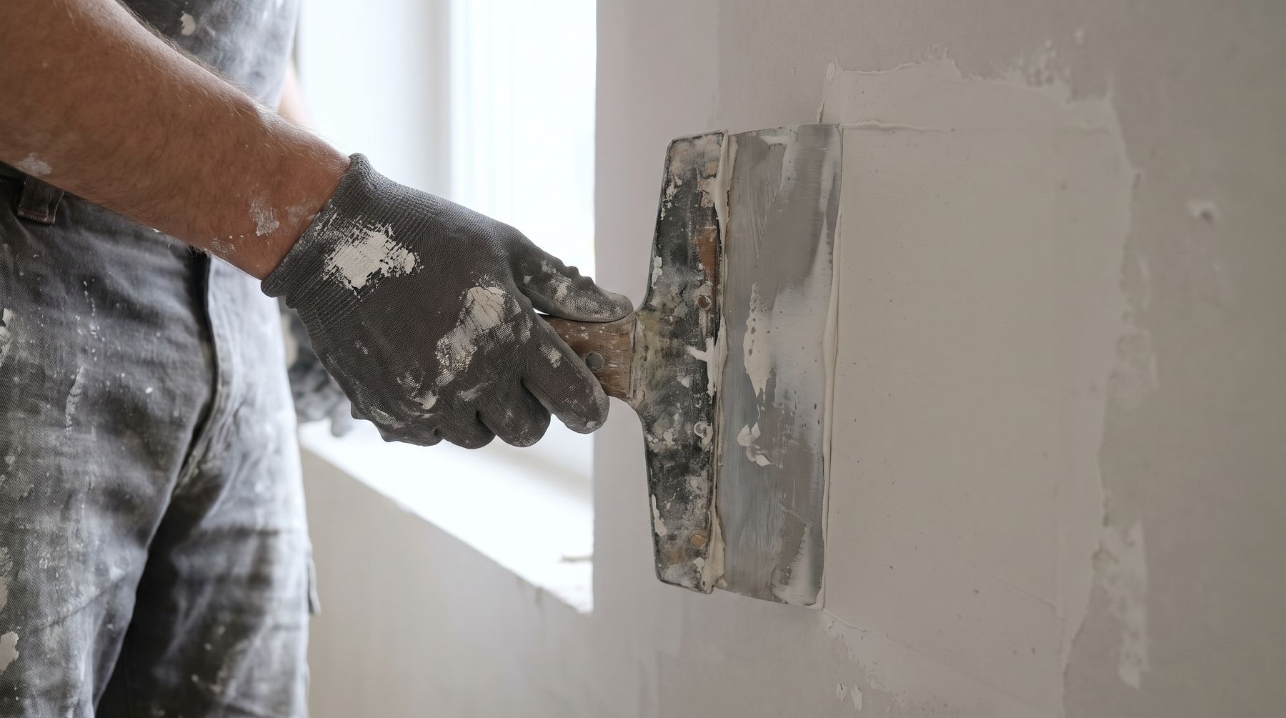 A taping knife drawing joint compound flat across a fresh patch
