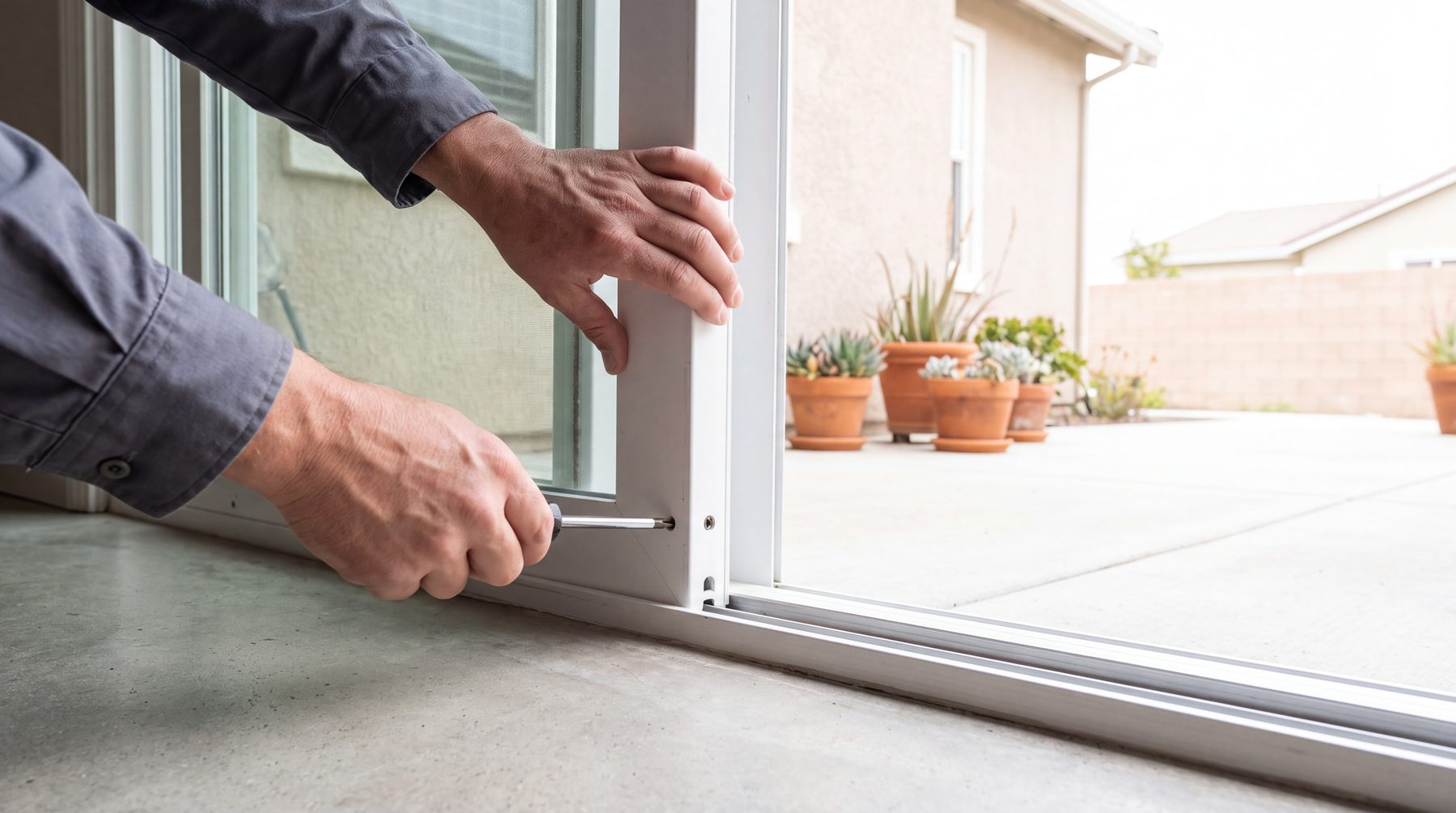 A screwdriver turning the roller adjustment screw at the bottom corner of a sliding patio door, one hand steadying the frame