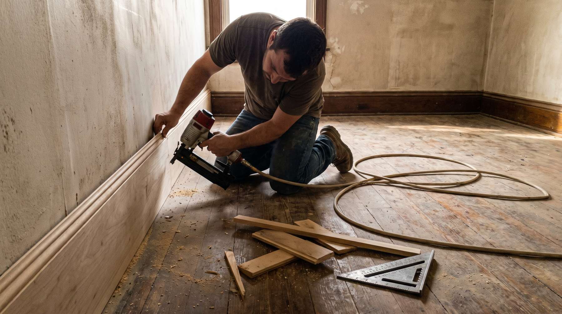 A brad nailer running along a length of baseboard, one hand holding it tight to the wall