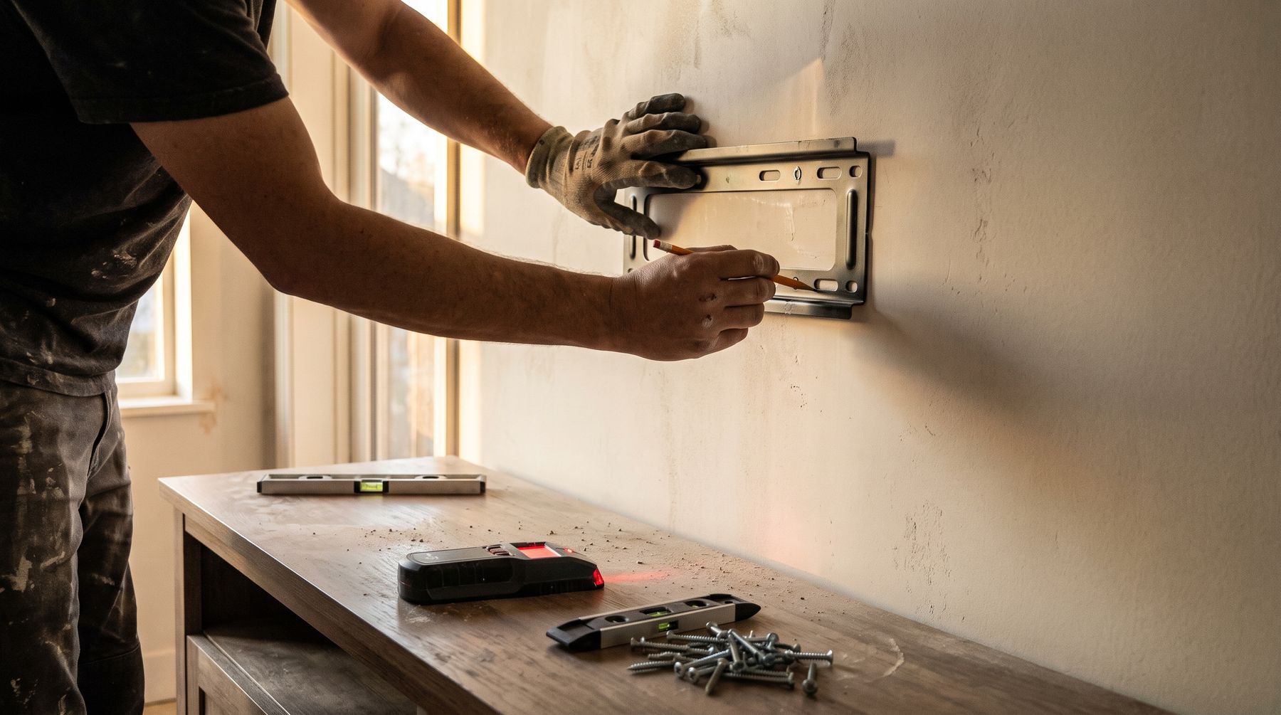 Hands holding a TV bracket flat against a wall and marking the fixing holes